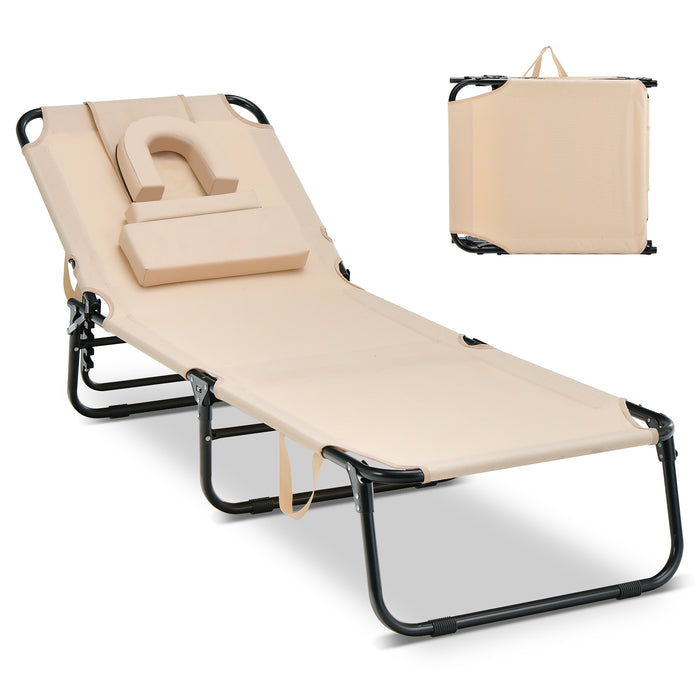 Beach Chaise Lounge Chair with Face Hole and Removable Pillow-Beige