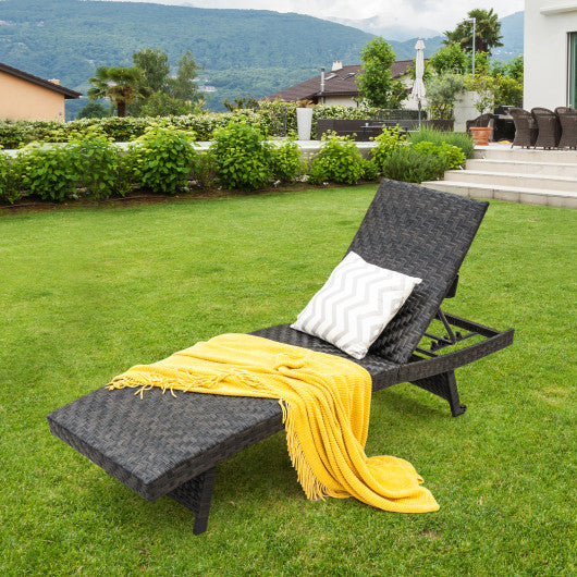 Folding Padded Rattan Patio Chaise Lounge with Adjustable Backrest and Quick Dry Foam All Weather