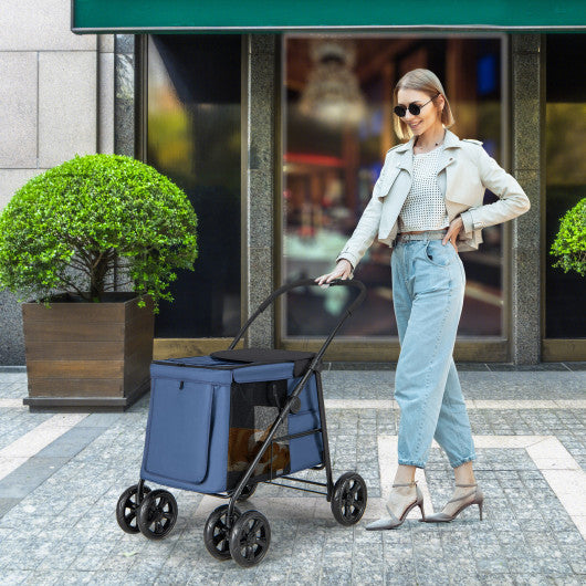 Folding Pet Stroller for Small and Medium Pets with Breathable Mesh andx One-Button Foldable-Gray