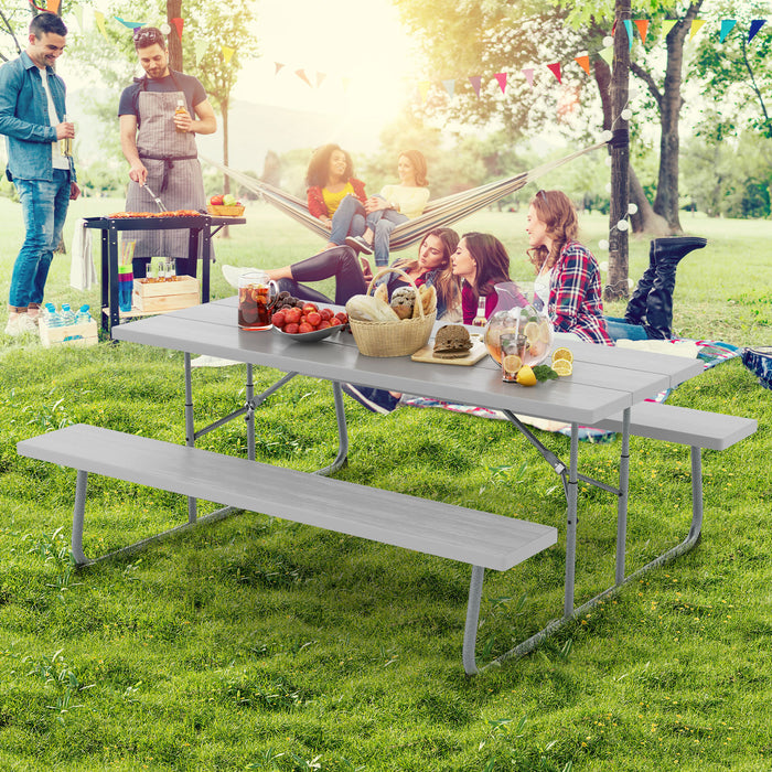 Folding Picnic Table Set with Metal Frame and All-Weather HDPE Tabletop  Umbrella Hole-Gray