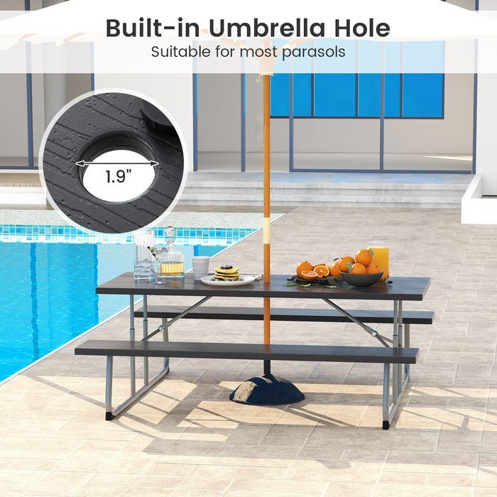 Folding Picnic Table Set with Metal Frame and All-Weather HDPE Tabletop  Umbrella Hole-Black