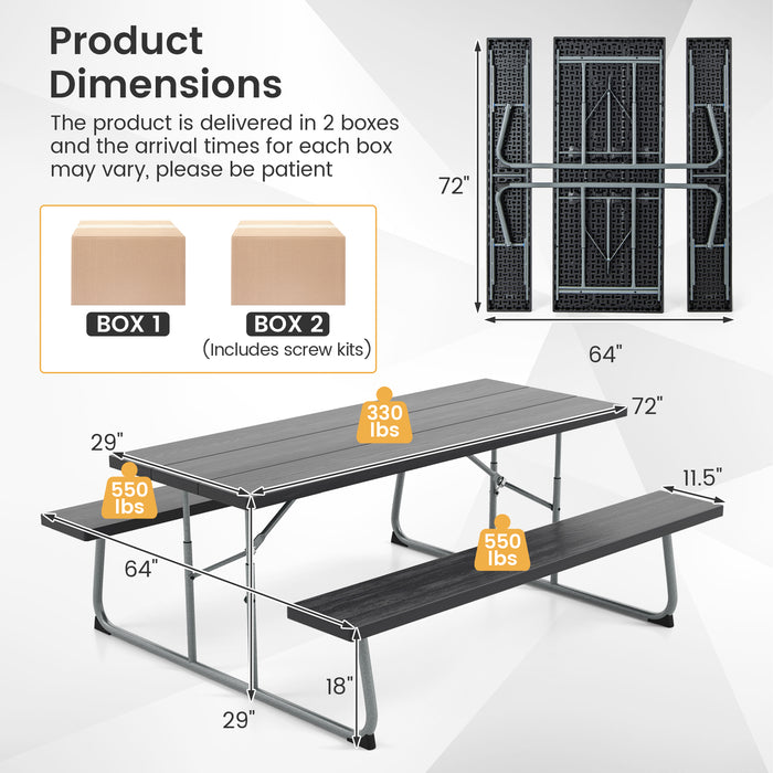 Folding Picnic Table Set with Metal Frame and All-Weather HDPE Tabletop  Umbrella Hole-Black