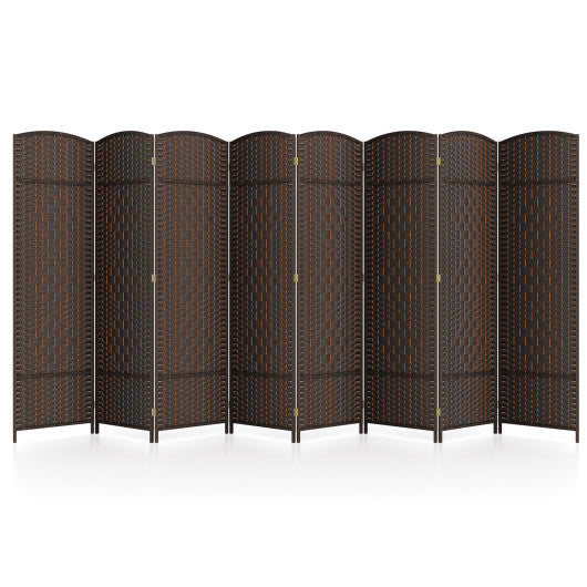 8-Panel Folding Room Divider with Hand-Woven Texture and Solid Wood Frame-Bown