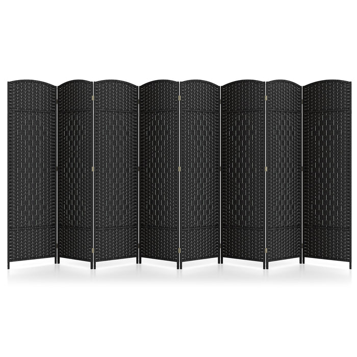 8-Panel Folding Room Divider with Hand-Woven Texture and Solid Wood Frame-Black