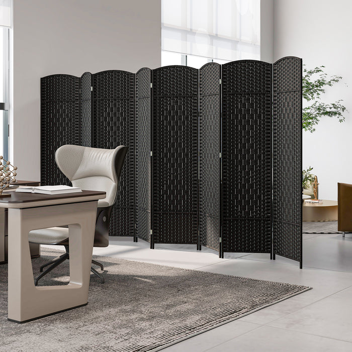 8-Panel Folding Room Divider with Hand-Woven Texture and Solid Wood Frame-Black