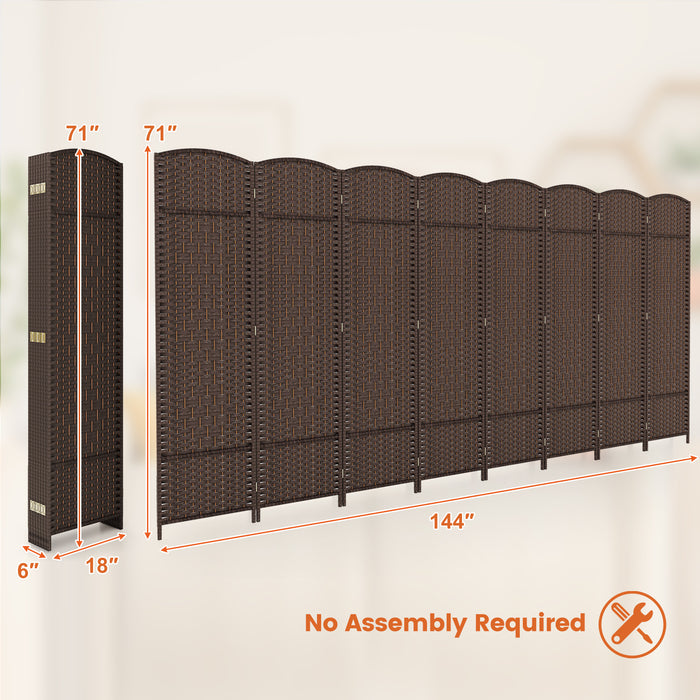 8-Panel Folding Room Divider with Hand-Woven Texture and Solid Wood Frame-Bown