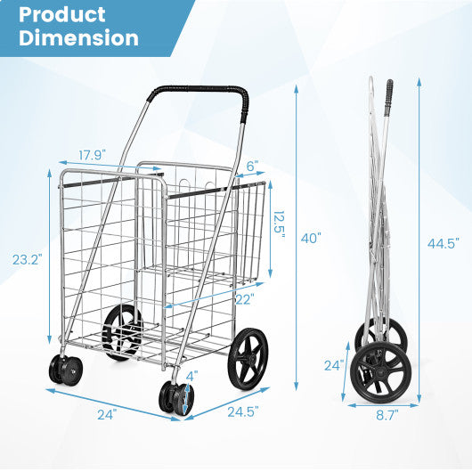 Folding Shopping Cart for Laundry with Swiveling Wheels and Dual Storage Baskets-Sliver