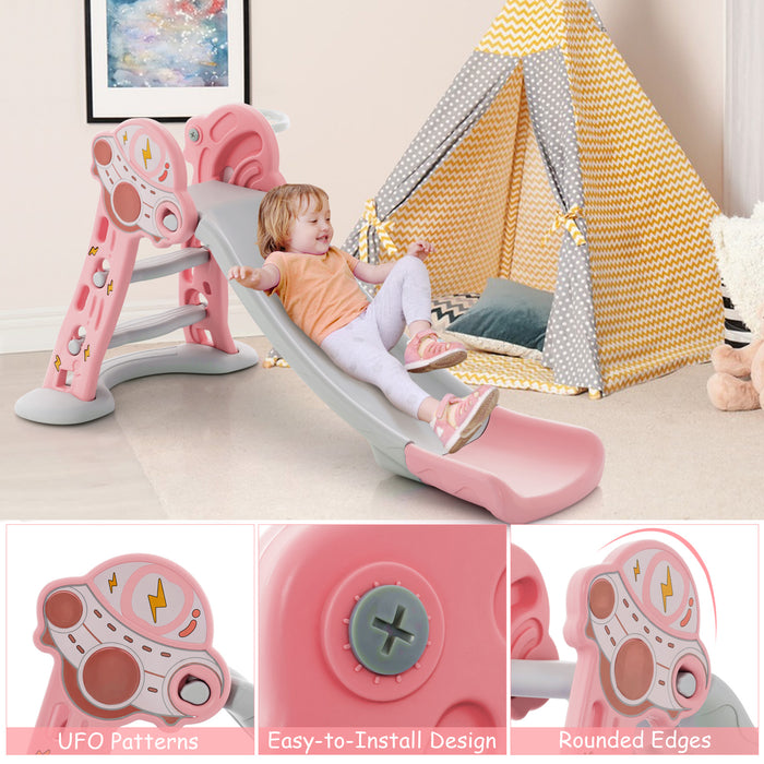 3-in-1 Folding Slide Playset with Basketball Hoop and Small Basketball-Pink