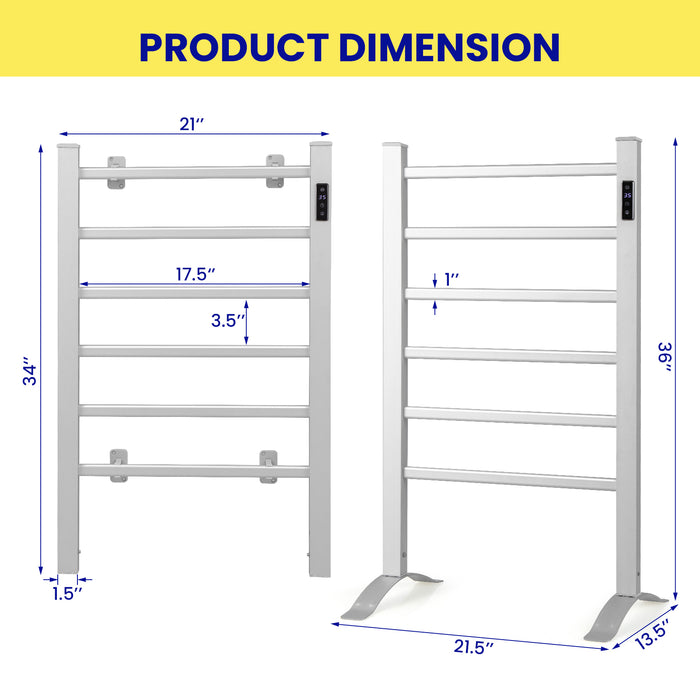 Freestanding and Wall-mounted 6 Bars Towel Warmer with Timer and LED Display