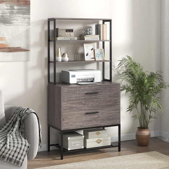 Freestanding File Cabinet with Charging Station and 3-Tier Open Shelves-Gray