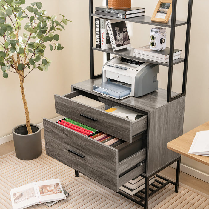 Freestanding File Cabinet with Charging Station and 3-Tier Open Shelves-Gray