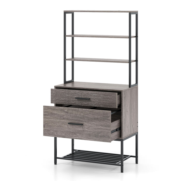 Freestanding File Cabinet with Charging Station and 3-Tier Open Shelves-Gray