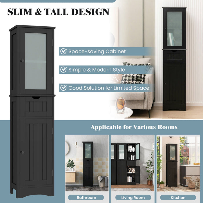 Tall Floor Storage Cabinet with 2 Doors and 1 Drawer for Bathroom-Black