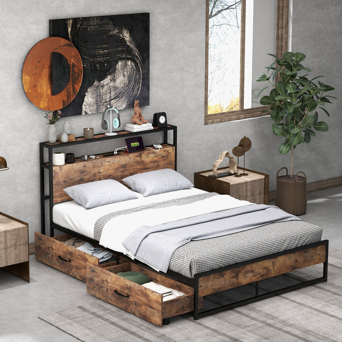 Full/Queen Bed Frame with 2-Tier Storage Headboard and Charging Station-Full Size