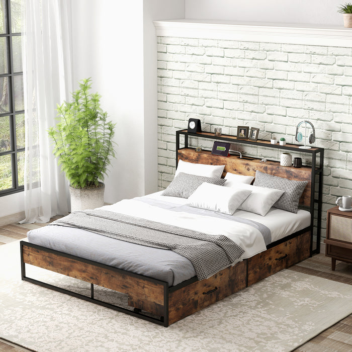 Full/Queen Bed Frame with 2-Tier Storage Headboard and Charging Station-Queen Size