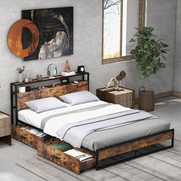 Full/Queen Bed Frame with 2-Tier Storage Headboard and Charging Station-Queen Size