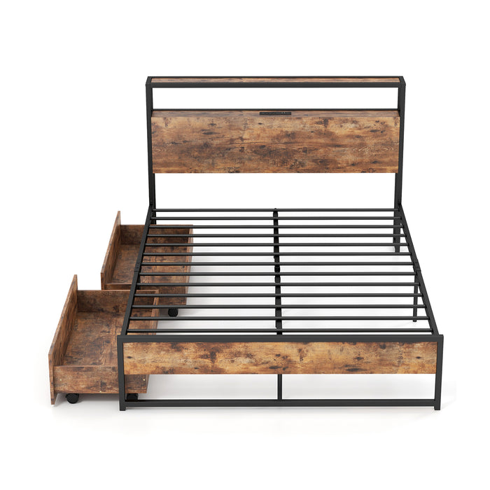 Full/Queen Bed Frame with 2-Tier Storage Headboard and Charging Station-Full Size