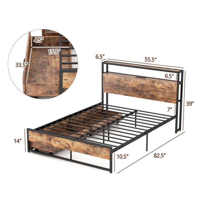 Full/Queen Bed Frame with 2-Tier Storage Headboard and Charging Station-Full Size