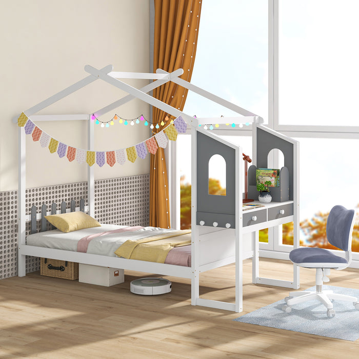 Twin/Full Bed Frame with House Roof Canopy and Fence for Kids-Full Size