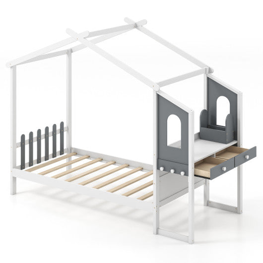 Twin/Full Bed Frame with House Roof Canopy and Fence for Kids-Full Size