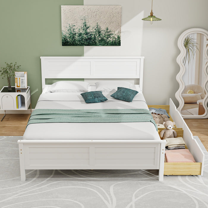 Full Size Bed Frame with Storage Drawers and Solid Wood Headboard-White