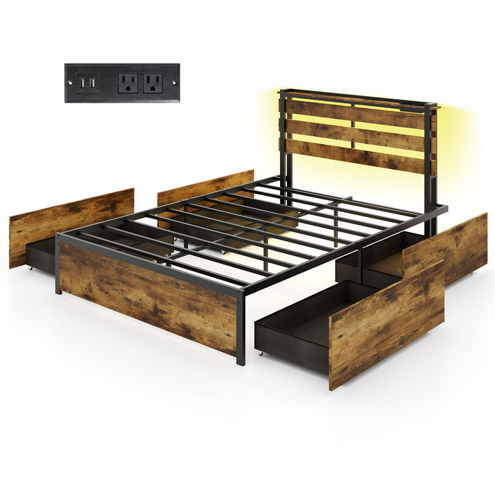 Full/Queen/Twin Size Bed Frame with Drawers LED Lights and USB Ports-Full Size