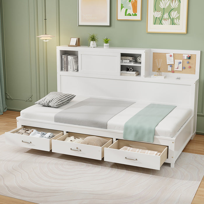 Twin/Full Size Wooden Daybed with 3 Drawers with Storage Shelves-Full Size