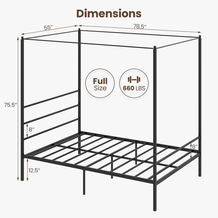 Twin/Full/Queen Size Metal Canopy Bed Frame with Slat Support-Full Size