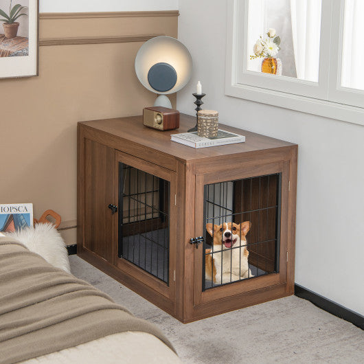 Furniture Dog Crate with Cushion and Double Doors-Walnut