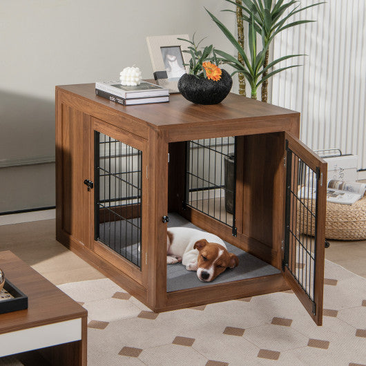 Furniture Dog Crate with Cushion and Double Doors-Walnut