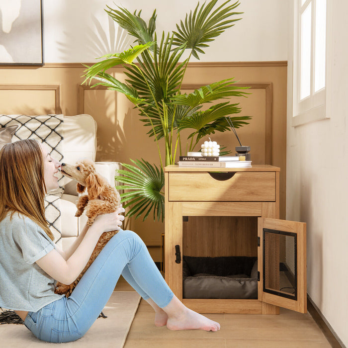 Furniture Style Dog Kennel with Drawer and Removable Dog Bed-Natrual