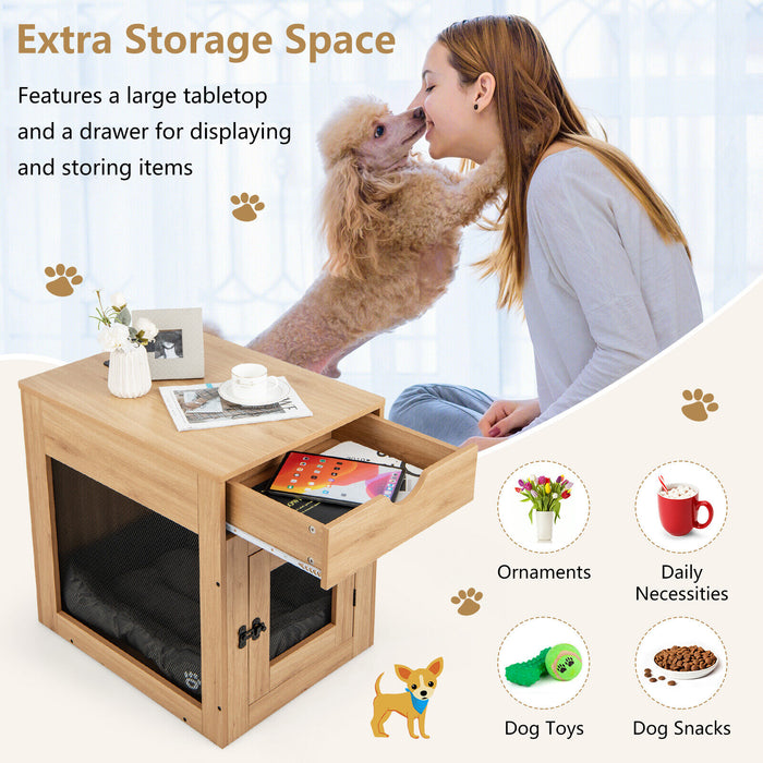 Furniture Style Dog Kennel with Drawer and Removable Dog Bed-Natrual