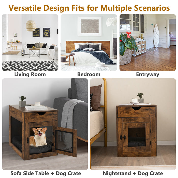 Furniture Style Dog Kennel with Drawer and Removable Dog Bed-Coffee