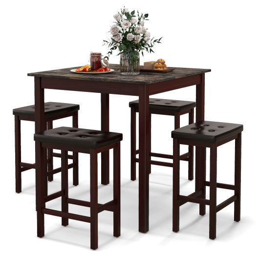 5-Piece Bar Table Set Counter-Height Dining Table and 4 Bar Stools-Brown