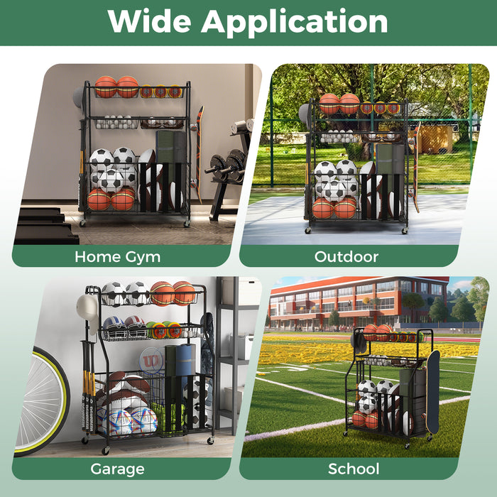 Garage Sports Equipment Organizer with Hooks & Baskets for Basketball-Black