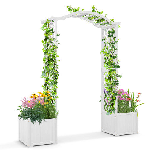 Wooden Garden Arbor with Planter and Trellis for Climbing Plants Decorations-White