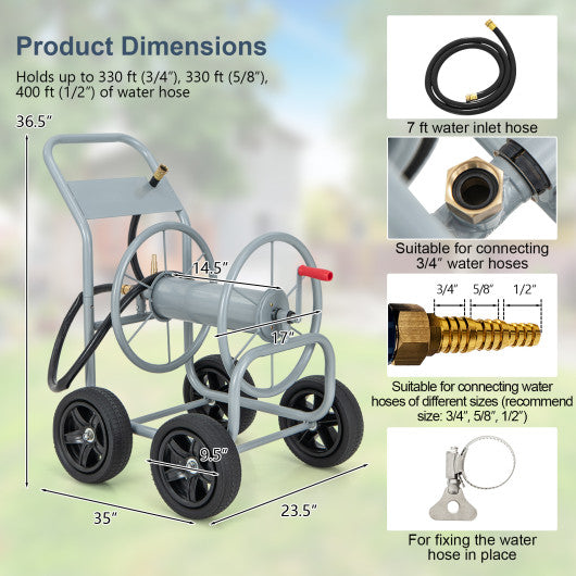 Garden Hose Reel Cart Holds 330ft of 3/4 Inch or 5/8 Inch Hose-Silver