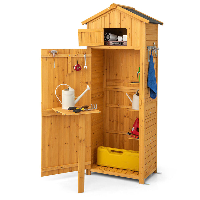 71 Inch Tall Garden Tool Storage Cabinet with Lockable Doors and Foldable Table-Natural