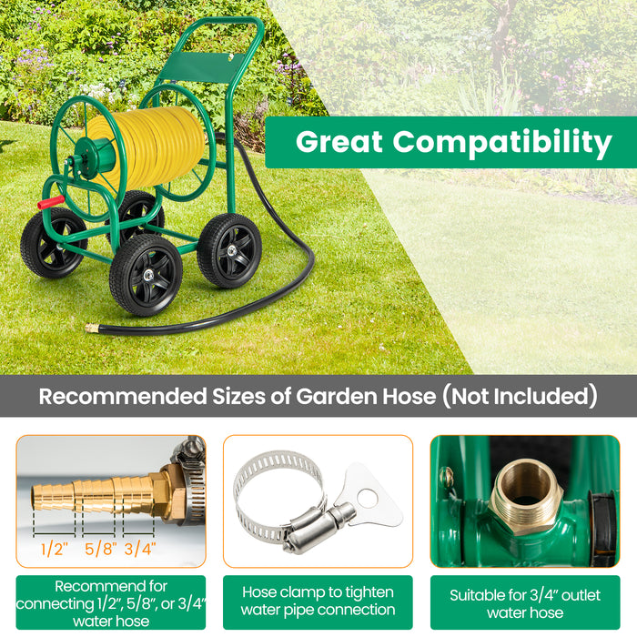 Garden Water Hose Reel Cart with 4 Wheels and Non-slip Grip-Green