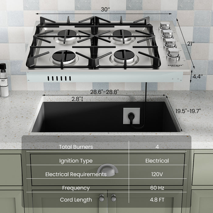 30/36 Inch Gas Cooktop with 4/6 Powerful Burners and ABS Knobs-30 inches