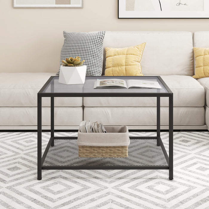 Modern 2-Tier Square Glass Coffee Table with Mesh Shelf-Gray