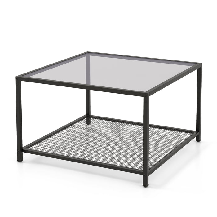 Modern 2-Tier Square Glass Coffee Table with Mesh Shelf-Gray