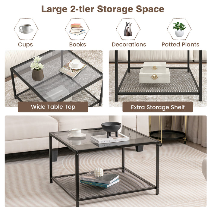 Modern 2-Tier Square Glass Coffee Table with Mesh Shelf-Gray