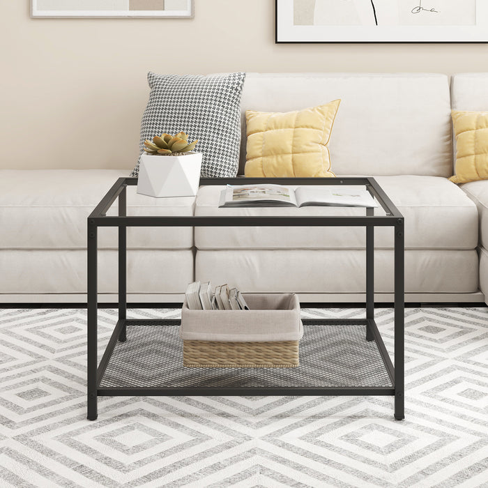 Modern 2-Tier Square Glass Coffee Table with Mesh Shelf-Transparent