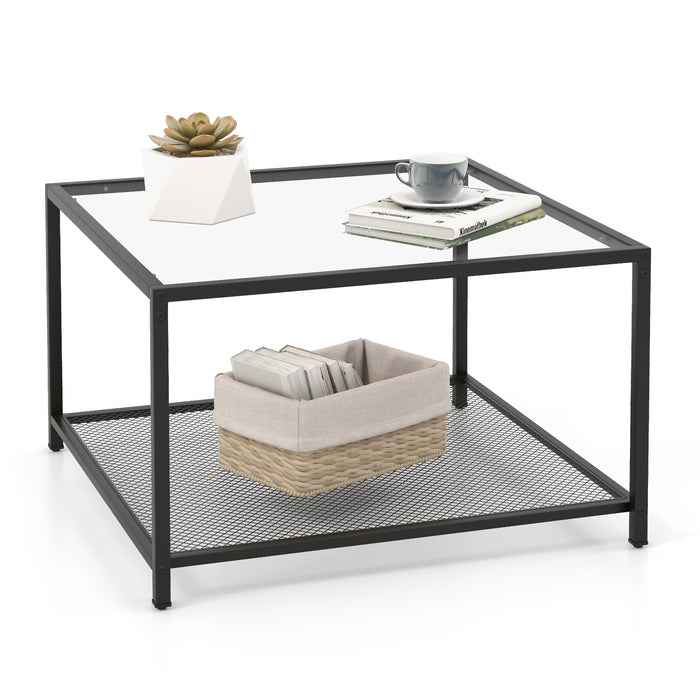 Modern 2-Tier Square Glass Coffee Table with Mesh Shelf-Transparent