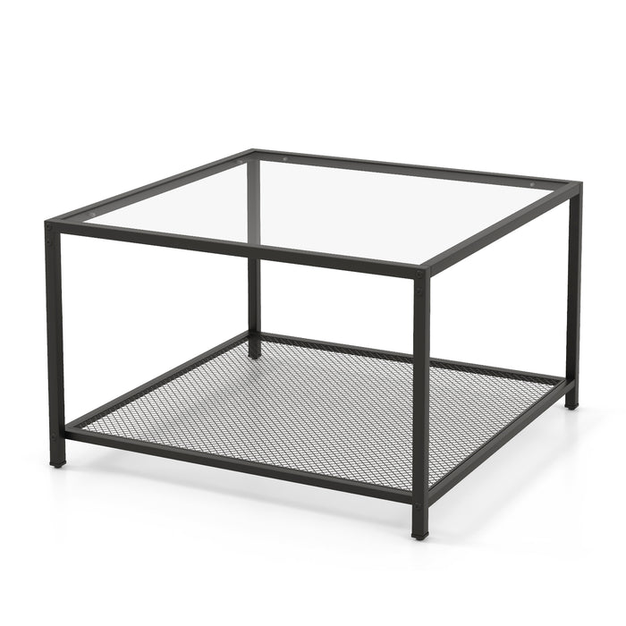 Modern 2-Tier Square Glass Coffee Table with Mesh Shelf-Transparent