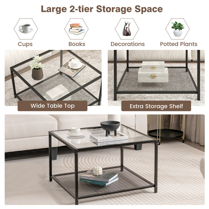 Modern 2-Tier Square Glass Coffee Table with Mesh Shelf-Transparent