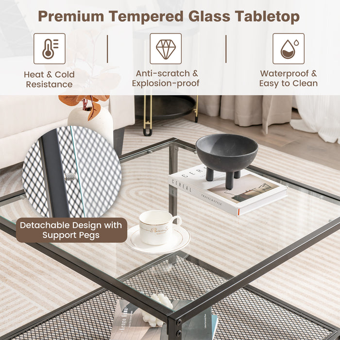 Modern 2-Tier Square Glass Coffee Table with Mesh Shelf-Transparent