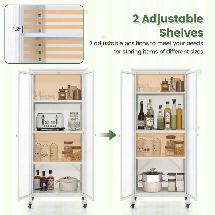 Glass Doors Storage Cabinet with Wheels and Adjustable Shelves-White