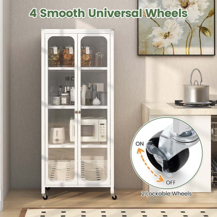 Glass Doors Storage Cabinet with Wheels and Adjustable Shelves-White